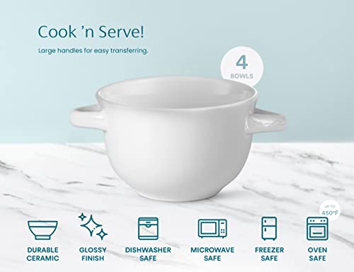 KooK French Onion Soup Crocks with Lids & Handles, Set of 4, Marshmallow - color: White