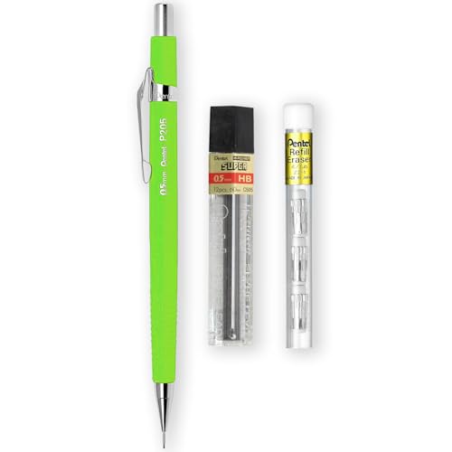 Pentel P205-97C Mechanical Automatic Pencil - Fluorescent Range - Single + 12 Hi-Polymer HB 0.5mm Refill Leads + Z2-1N Eraser Refills Tube of 4 (Fluorescent Green) - color: Fluorescent Green