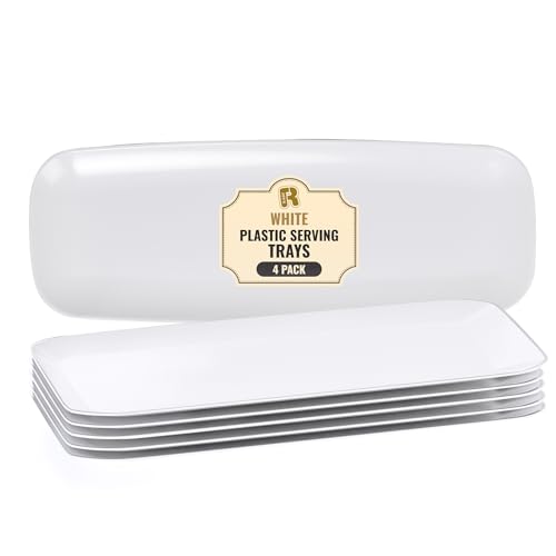 R-kay 4 Pack White Plastic Serving Trays for Party - White Serving Tray 17 by 6.5 in - Rectangular Heavy Duty Dessert Trays for Food - color: White, size: 17 Inch