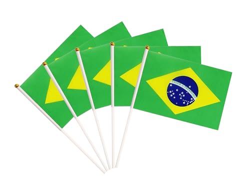 50 Pack Brazil Brazilian Flags Small Mini Hand Held Brazil Brazilian on Stick Flags, Miniature National Country Flags,Party Decorations Supplies for Parades,International Festival - color: Brazil