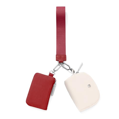 Keychain Wallet Mini Zip Around Wristlet Wallets for Women Detachable Dual Pouch Wristlet Portable Coin Purse Small Wallets - color: Claret + White