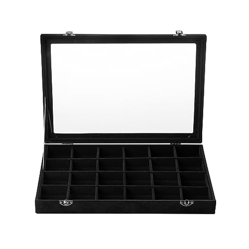 Frebeauty 24 Grid Earring Organizer,Velvet Jewelry Tray with Clear Lid - color: Black, size: 24 Grid