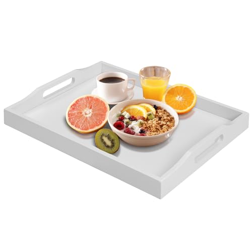 RRX Bamboo Food Serving Tray with Handles,Breakfast Bed Tray (White) - color: White