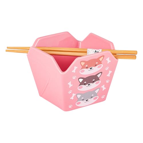 Urban Tokyo Chinese Takeout Box Style Porcelain Bowl With Chopsticks 18 fl oz Square Shape Rice Noodles Pasta To Go Box Shaped Bowl Microwave Dishwasher Safe (Shiba Inu) - color: Shiba Inu