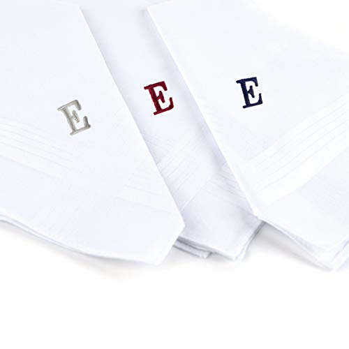Initial Handkerchief for Men, Monogrammed Boxed 3 Piece Set,100% Cotton - color: E initial