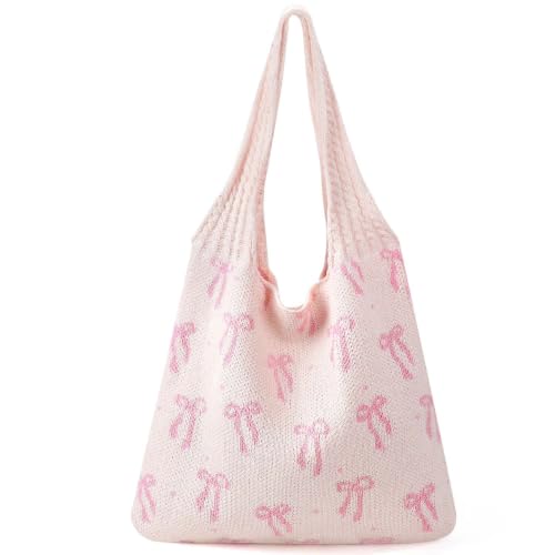 hatisan Crochet Bag for Women, Handmade Knit Beach Tote Bag Summer - color: Pink Bows