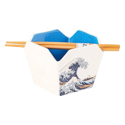 Urban Tokyo Chinese Takeout Box Style Porcelain Bowl With Chopsticks 18 fl oz Square Shape Rice Noodles Pasta To Go Box Shaped Bowl Microwave Dishwasher Safe (Great Wave) - color: Great Wave