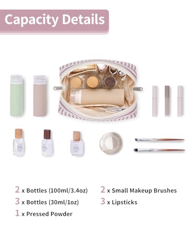 Narwey Small Makeup Bag for Purse, Travel Mini Cosmetic Bag for Women Girls - color: A-Dusty Rose Stripe, style: Small