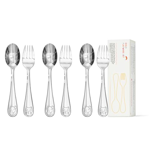 KINGSTONE 6 Pcs Large Kids Silverware, 18/10 Stainless Steel, Cat & Dog - color: Cat & Dog, size: 6-Piece (Large)