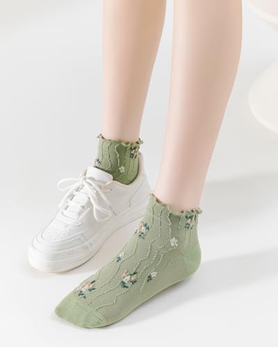 Women‘s Ruffle Ankle Socks,Vintage Patterned,Short Casual Dress Sock,Cute Princess Lettuce Floral Socks 6 Pack - color: 6pairs(pink,cream White,green)