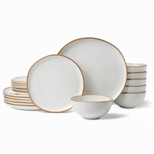 Stoneware Dinnerware Sets for 6, Reactive Glaze Plates and Bowls, White - color: White, size: Service for 6-18Pcs