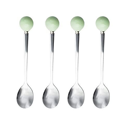Stainless Steel Coffee Spoon,Teaspoon,Sugar Spoons,Korean Dessert Spoon with Ceramic Ball, 4 Pieces 5.5 Inches Green - color: Green