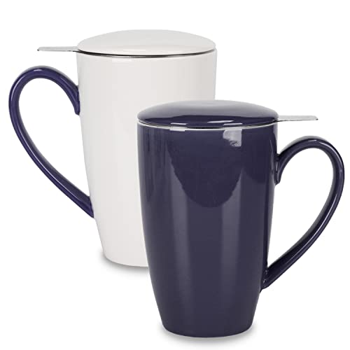 amhomel Porcelain Tea Mug with Infuser and Lid, 16 Ounce Ceramic Tea Cup for Loose Leaf, Coffee, Cocoa and Milk, Tea Gift for Tea Lovers, Set of 2(Navy Blue and White) - color: navy and white