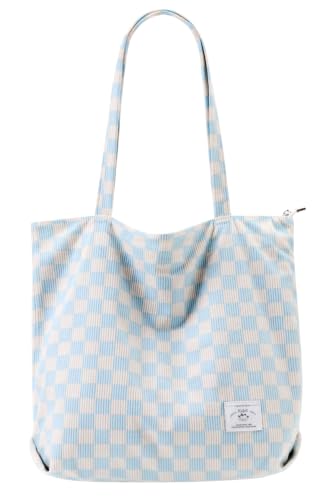 KALIDI Women Corduroy Tote Bag Zipper Casual Tote's Handbag Big Capacity Shoulder Bag with Pockets - color: Checkerboard Blue