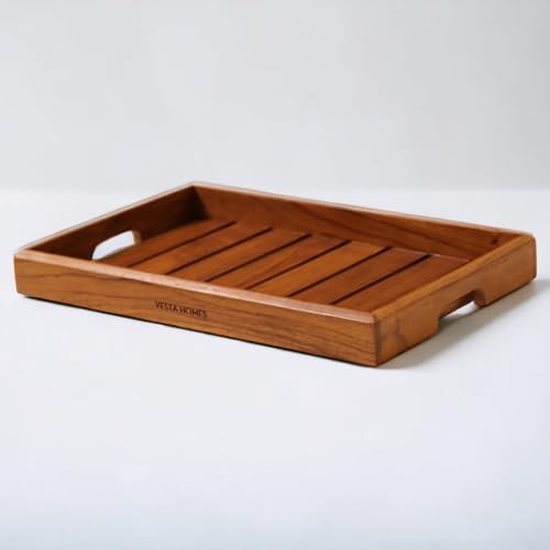 Vesta Homes Large Teak Wood Serving Tray for Home, Kitchen, Breakfast, Restaurant, Office Organizer, Dining Table | Premium Wooden Tray |15 * 10 * 1.5 Inches | Handmade in India - size: 15" x 10" x 1.5"