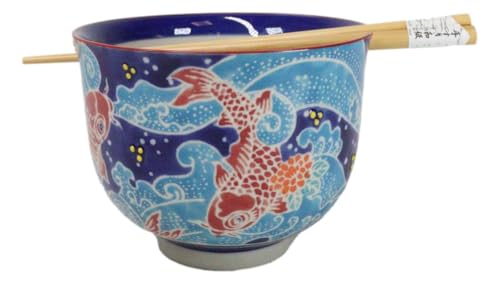 Ebros Gift Artistic Donburi Ramen Udon Noodles Soup Salad 5" D 18Oz Bowl With Bamboo Chopsticks And Built In Rest Set Asian Dining Kitchen Accent (Red Koi Fishes In Blue Waters) - color: Red Koi Fishes In Blue Waters