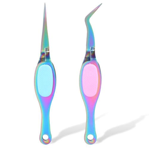 Ymapinc 2PCS Stainless Steel Precision Tweezers, Curved & Straight Tips - color: Rainbow
