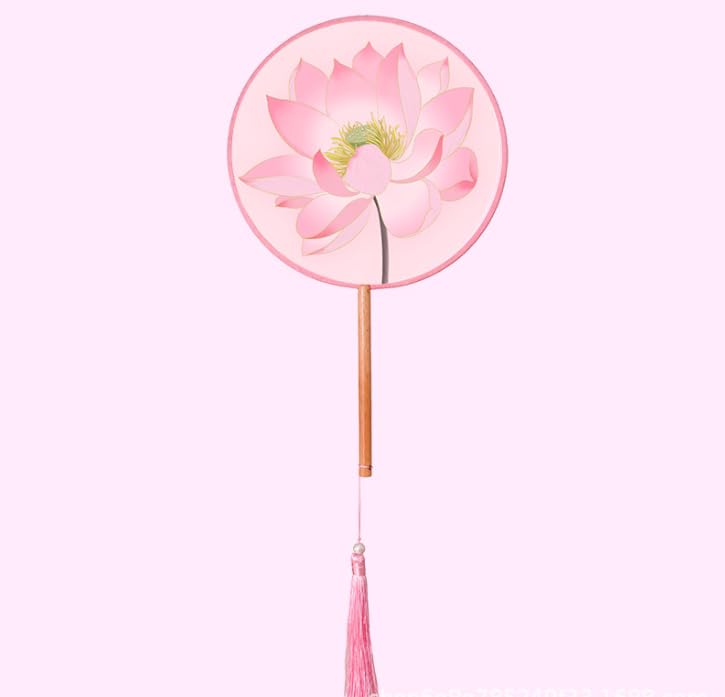 BAOZOON 4 Pcs Silky Translucent Ancient Round Fan Classic Silk Hand Held Fan Floral Pattern Palace Paddle Dance Fan with Tassel Wooden Handle Wedding Favor Gift Home Decor - color: Red