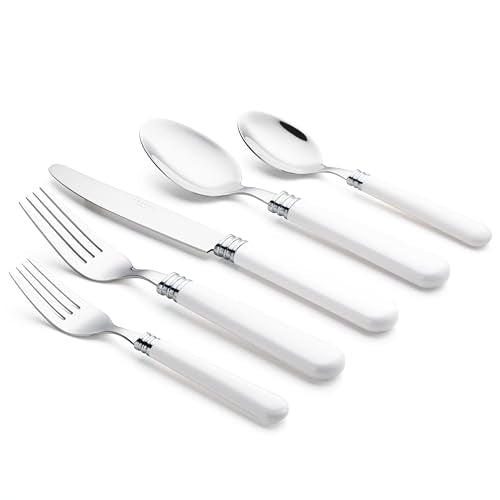 ANNOVA Silverware Set 20 Pieces Cutlery Stainless Steel Colorful Fun Handle Flatware Service for 4 - Dinner Knife, Dinner Fork, Salad fork, Dinner Spoon, Dessert Spoon (White, 20 Pieces) - color: White