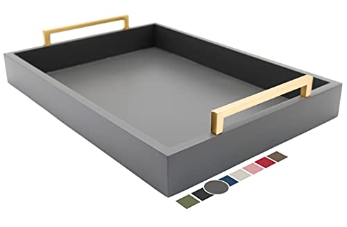 Decorative Coffee Table Tray - Ottoman Tray - Breakfast, Drinks, Liquor Serving Tray - from Farmhouse to Modern - Matte Finish - Brushed Champagne Gold Handles - Charcoal - color: Charcoal