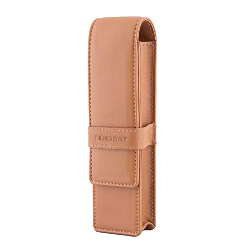 DiLoro Leather Pen Case Pouch Holder for Two Fountain Ballpoint Rollerball Pens or Pencils (Tan) - color: Tan
