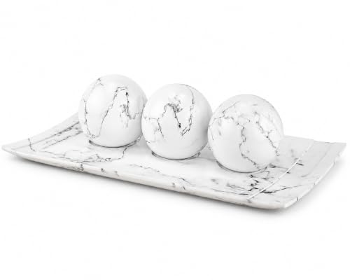 Creative Scents White Marble Look Home Decor Tray and Orb Set Coffee Table Decor for Living Room Centerpiece Table Decorations for Dining Table, Kitchen, Foyer, Entryway Elegant House Decoration - color: Matte White Marble Look