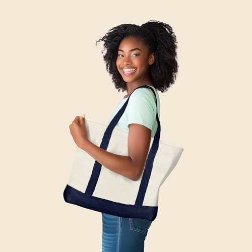22" Heavy Duty Cotton Canvas Tote Bag (Zippered) - color: Navy Blue