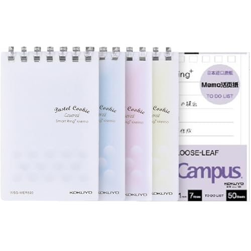 KOKUYO Small Notebooks, 4 Pack 3"x5" Pocket Refillable Spiral Notepads with 20 5x5 Graph Sheets Each and Extra 50 To-do List Sheets, Little Mini Pastel Note pad and 1 Card Pocket for Work or School - color: 4 Pastel Colors