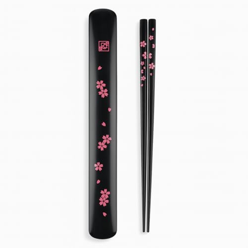 Portable Bamboo Chopsticks with Case – Reusable Travel Chopsticks Utensil Set, Dishwasher Safe, Sakura Pattern, Made in Japan - color: Black