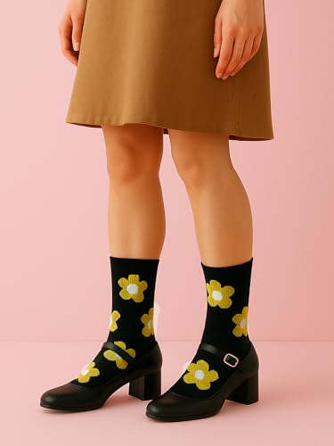 Fourluoo 6 Pairs Women Cotton Crew Socks Floral Patterned Colorful