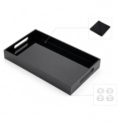 Black Tray 14x11” with Cut Handles - Large Plastic Tray for Ottoman Coffee Table, Kitchen, Office & Serving Guests - Modern Countertop Organizer & Ideal Decorative Tray - color: Black, size: 14" x 11" x 2"