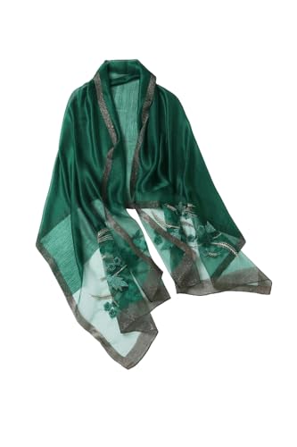 Jeelow Long Silk Blend Embroidered Floral Shawl Scarf Wrap for Women - color: Green Bloom