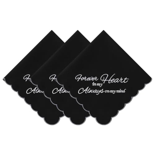 Black Cotton Funeral Handkerchiefs, Embroidered Memorial Handkerchief Gifts - color: Forever in My Heart -3pcs