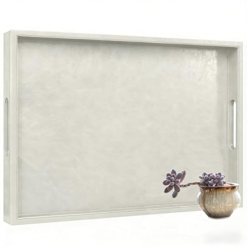 30 x 24 inches Rectangle Leather Ottoman Serving Tray with Hole Handles, Extra Large Modern Service Tray for Living Room, Coffee Table, Bed, Tea, Food, Countertop, Kitchen, Dinner, Picnic (White) - color: White, size: 30" x 24" x 2"