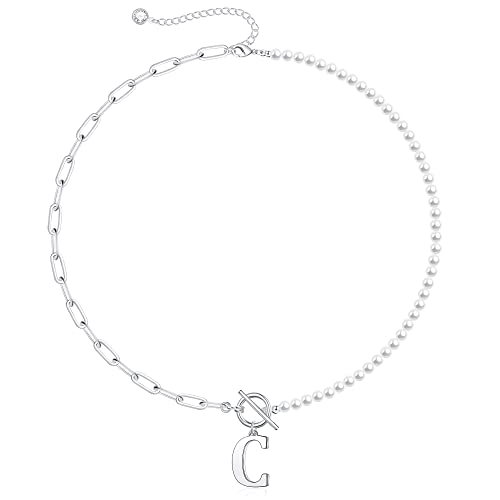 Yoosteel Pearl Initial Necklace for Women, Dainty Pearl Chain Choker Initial Necklaces for Women Toggle Clasp Paperclip Link Chain Necklace Jewelry Gifts - color: Silver, style: C