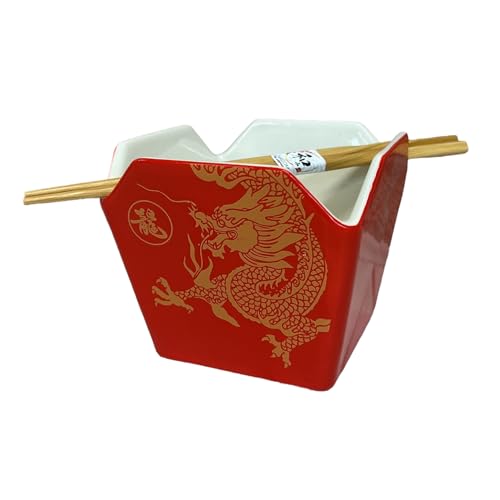 Urban Tokyo Chinese Takeout Box Style Porcelain Bowl With Chopsticks 18 fl oz Square Shape Rice Noodles Pasta To Go Box Shaped Bowl Microwave Dishwasher Safe (Red Dragon) - color: Red Dragon