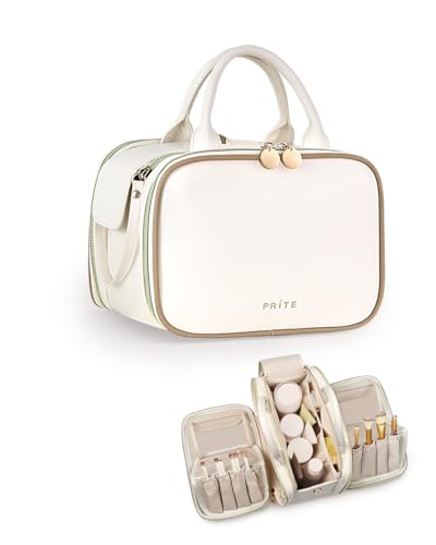 Prite Large Makeup Bag, Waterproof Travel Cosmetic Case with Brush Holder - color: Beige, size: Medium