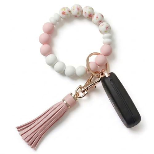 BIHRTC Key Ring Bracelet Car Keychain Holder Wristlet Silicone Women Beaded Bangle Chains - color: Pink Blue Floral