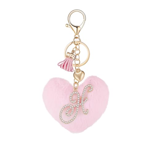 Initial Letter Heart Pom Pom Keychain for Women Pink Soft Fluffy Ball Key Ring for Purse Backpack Handbag - color: H