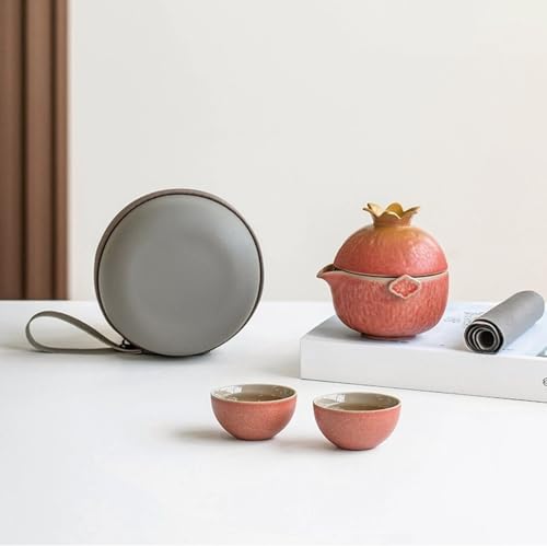 Pomegranate Shape Travel Teapot, Portable Ceramic Tea Set, 1 Pot 3 Mini Cups, Tea Set for One to Three, Tea Gift for Tea Lovers