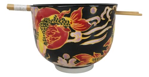 Ebros Gift Artistic Donburi Ramen Udon Noodles Soup Salad 5" D 18Oz Bowl With Bamboo Chopsticks And Built In Rest Set Asian Dining Kitchen Accent (Black Oriental Koi Fishes) - color: Black Oriental Koi Fishes