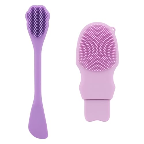 2-in-1 Silicone Face Scrubber & Blackhead Remover Tool, Facial Cleansing Brush with Stainless Steel Skin Spatula, Nose Pore Cleaner, Face Exfoliator for Deep Cleansing, Mask Applicator for Women & Men - color: Purple