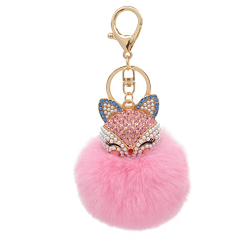 Faux Rabbit Fur Pom Pom Keychain with Fox Head - color: Pink2