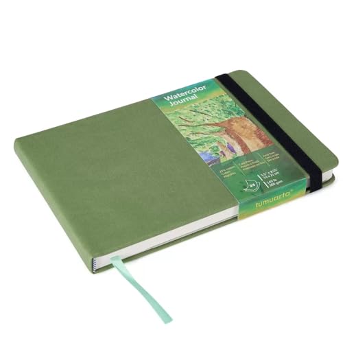 tumuarta Watercolor Journal, 8.25x5.5, 140 LB, 300 GSM, Cotton Paper, Cold Press, 24 Sheets, 48 Pages, Watercolor Paper Sketchbooks for Use As Travel Notebook and Mixed Media Pad - color: Green, size: 8.25x5.5"