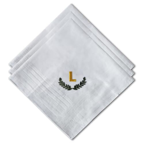 3 Pcs Men's Handkerchiefs, White Embroidered Initial Monogrammed Handkerchiefs for Men Suit Soft Cotton - style: L