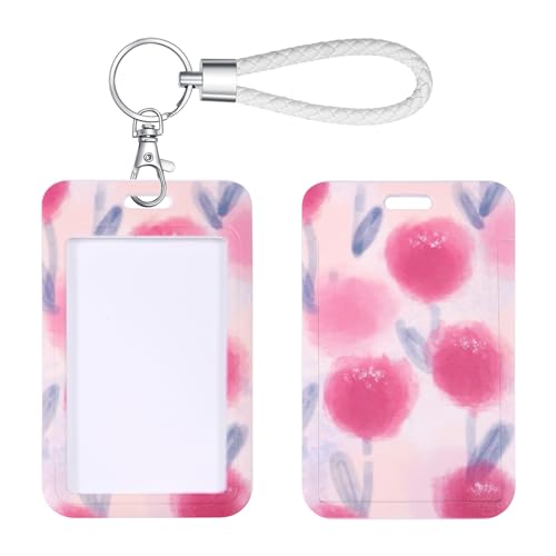 ID Card Badge Holder Key Chain with Metal Keyring, Plastic Slide Open with ID Window for Women Men Girls Students,Red Tulips - color: Red Tulip