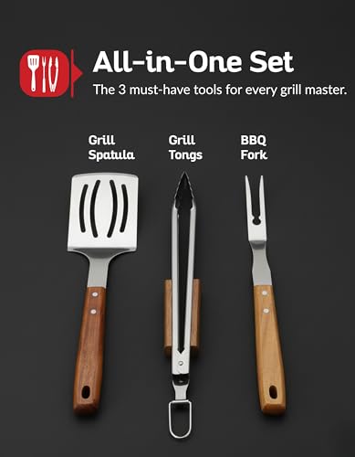 Professional Acacia Wood BBQ Tool Set (3 PCS) - Heavy Duty Stainless Steel Grill Accessories Kit with Spatula, Fork & Tongs - Durable Barbecue Utensils for Outdoor Cooking & Grilling - color: Acacia Brown