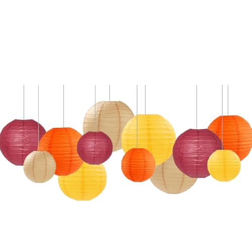 Burgundy Maroon Wine Paper Lanterns Decorative 12pcs Party Hanging Decorations for Rustic Fall Party Bridal Shower Wedding Baby Shower Graduation Anniversary Room Decor - color: Maroon,orange,yellow,brown