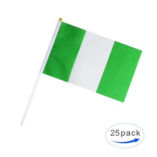 25 Pack Hand Held Small Mini Nigeria Nigerian Stick Flag Round Top National Country Flags,Party Decorations Supplies For Parades,World Cup,Festival Events,International Festival - color: Nigeria