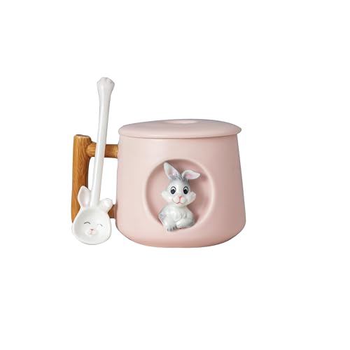 DIHOclub Adorable 3D Ceramic Rabbit Mug with Lid and Spoon Perfect for Coffee, Tea, Milk, and More - Ideal Gift for Bunny Lovers - 14 Ounces (Pink) - color: Pink